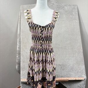 Speed Control New York Ikat Print Smocked Bodice Sleeveless Dress Brown Purple M